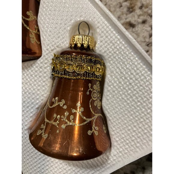 Glass Christmas Ornaments Bell Shape Set Of 4 Gold Accents Vintage Style Boxed - Picture 9 of 12